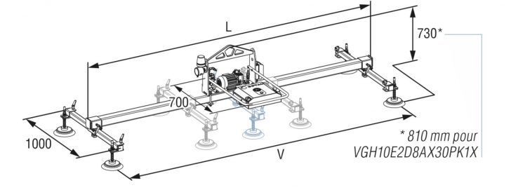 Schema di un dispositivo di sollevamento a vuoto orizzontale della serie  VGH  COVAL, VACUOGRIP (dimensioni - regolazioni)