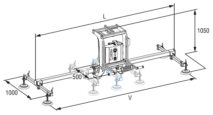 Dimensioni d'ingombro di un dispositivo di sollevamento a vuoto COVAL, serie VACUOGRIP VGR, per la movimentazione a vuoto e l'orientamento a 90° di carichi da 100 a 500 kg - lamiera - pannelli.